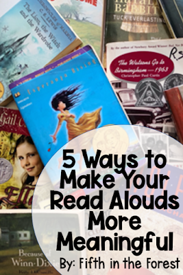 Pin Image Title "5 Ways to Make Read Alouds More Meaningful" along with a pile of books at a middle grades level