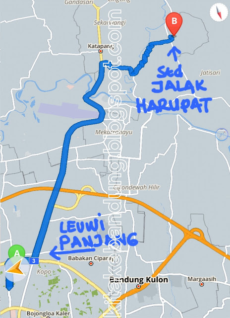 Peta rute jalan dari Bandung ke Stadion Si Jalak Harupat Soreang dari terminal leuwi panjang lewat perempatan cibaduyut jalan soekarno hatta patung sepatu