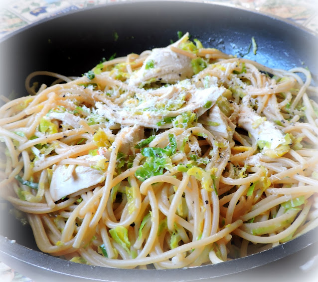 Spaghetti with Shredded Chicken & Brussels Sprouts