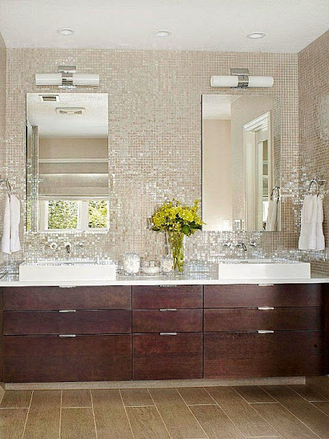reflective glass tile wall in master bathroom