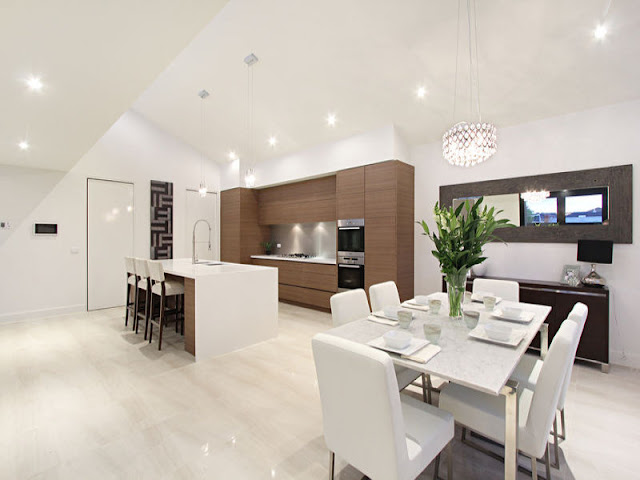 Picture of modern kitchen from the dining room of small contemporary home