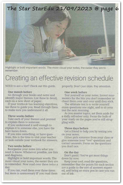 Creating an effective revision schedule - Keratan akhbar The Star 21 September 2023