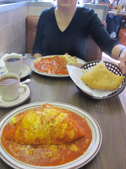 Red chile stuffed sopapilla and chile relleno breakfast at Jerry's Cafe, Gallup, NM