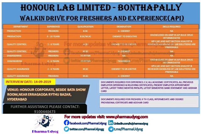 Honour Labs | Walk-in interview for freshers and experienced | 14 September 2019 | Hyderabad