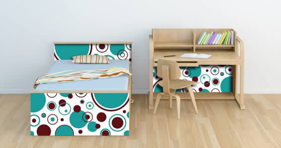 bed and desk furniture with bubbly decals