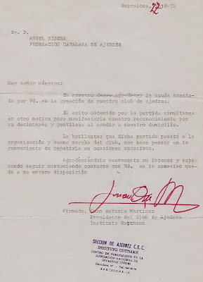 Carta de la Sección de Ajedrez del Instituto Guttman a Ángel Ribera en 1972