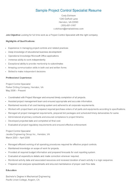 Sample Project Control Specialist Resume