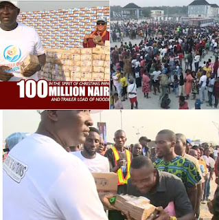 See how Billionaire Prophet, Jeremiah Omoto Fufeyin gave out whooping 100 Million Naira cash gifts and trailer loads of noodles to Nigerians in Christmas Celebration (Watch Video)