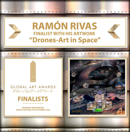 Ramón Rivas, Finalista en los Premios de Arte Mundiales 2021, junto a su obra "Drones Art in Space"