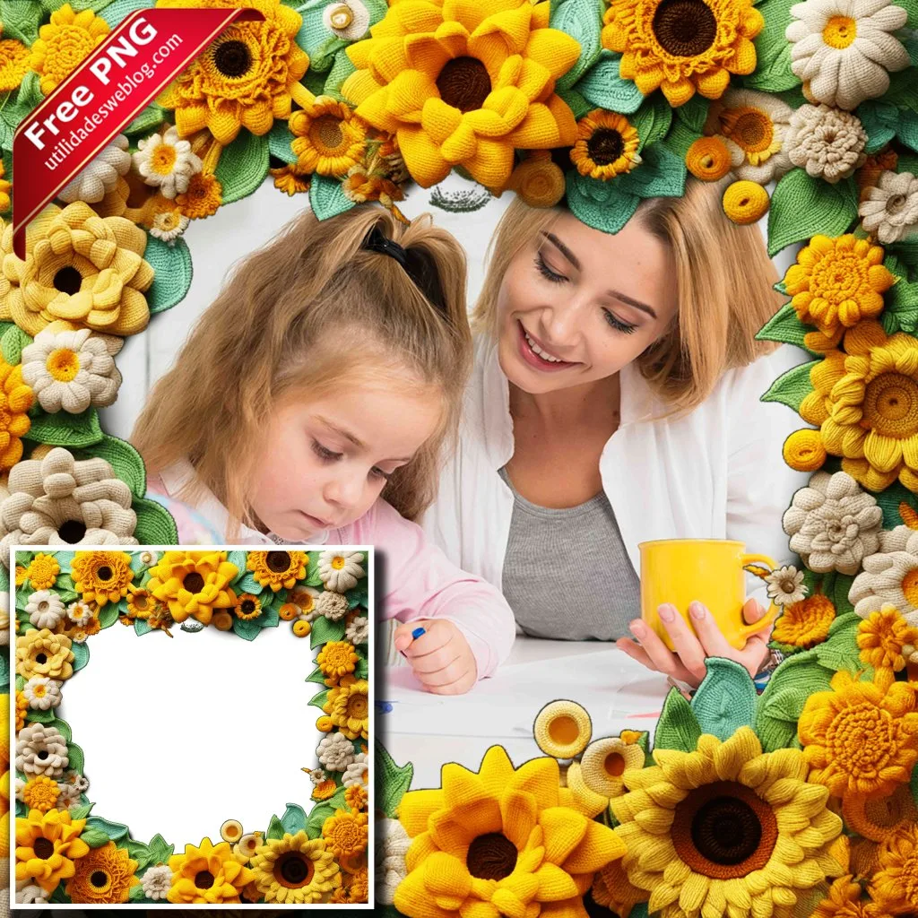 marco para fotos con flores de girasoles bordadas o de crochet en png con fondo transparente para descargar gratis