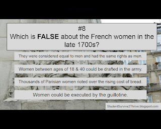 Which is FALSE about the French women in the late 1700s? Answer choices include: They were considered equal to men and had the same rights as men. Women between ages of 18 & 40 could be drafted in the army. Thousands of Parisian women rioted over the rising cost of bread. Women could be executed by the guillotine.