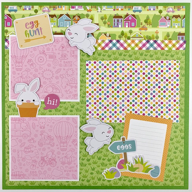 12x12 Easter Scrapbook Page Layout with bunny rabbits, easter eggs, and polka dots