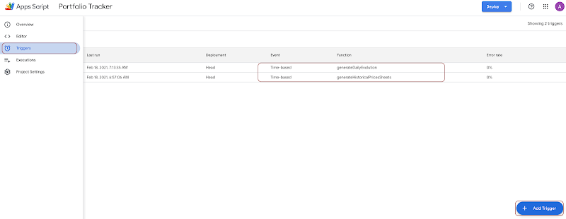 Use time-based triggers to execute automatically and daily the functions of Google Apps Script