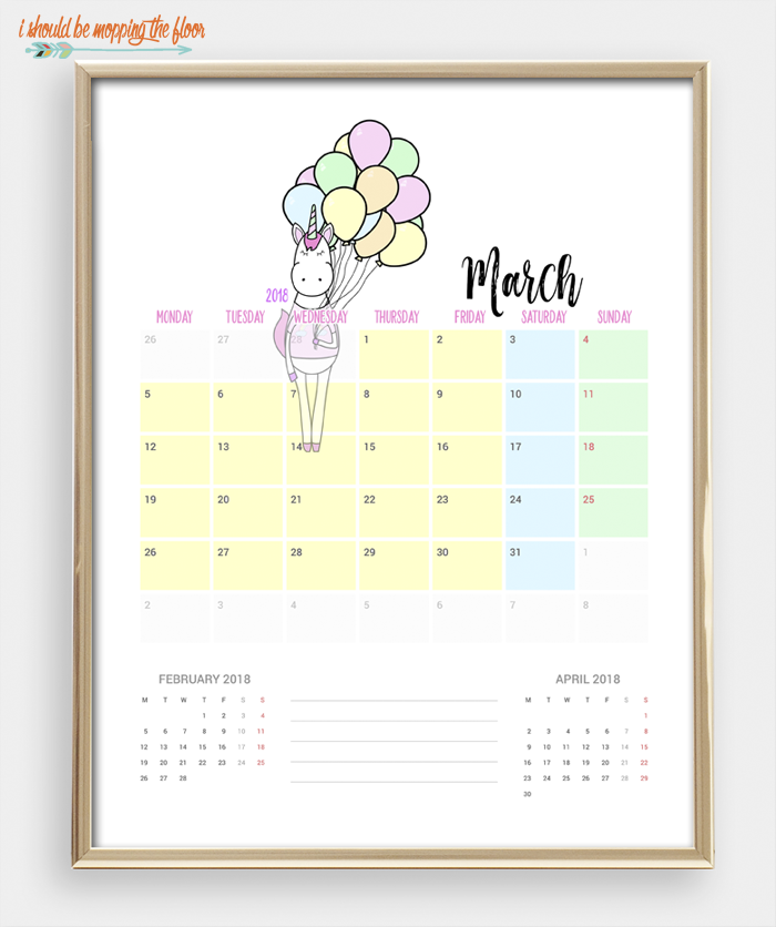 2018 Printable Unicorn Calendar | 12 months of MAGICAL UNICORN love ready to print and enjoy. Bonus Unicorn Weekly Planner Printable, too!