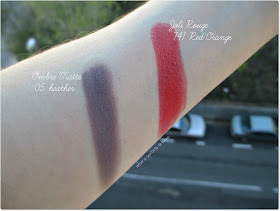 Clarins -  Sombra Ombre Matte 05 Heather y Labial Jolie Rouge 741 Red Orange - Swatches