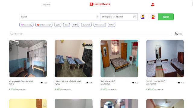 picture of hosteldevta portal showing properties including hostels, PGs