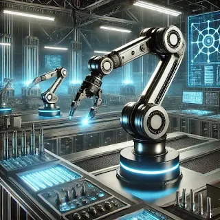 Industrial robot assembling products on a factory line