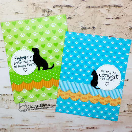 Enjoy the pitter patter of puppy feet and You're the cutest cat of all by Claire features Circle Frames, A Cat's Life, A Dog's Life, Cat Silhouettes, Dog Silhouettes, and Sky Borders by Newton's Nook Designs; #inkypaws, #newtonsnook, #petcards, #dogcards, #catcards, #cardmaking