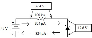 Rangkaian regulator zener dengan resistor seri 100 kΩ 