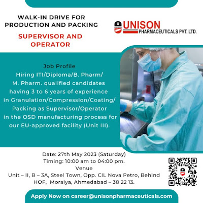Unison Pharma Walk in Interview For Operator and Supervisor For Production Department