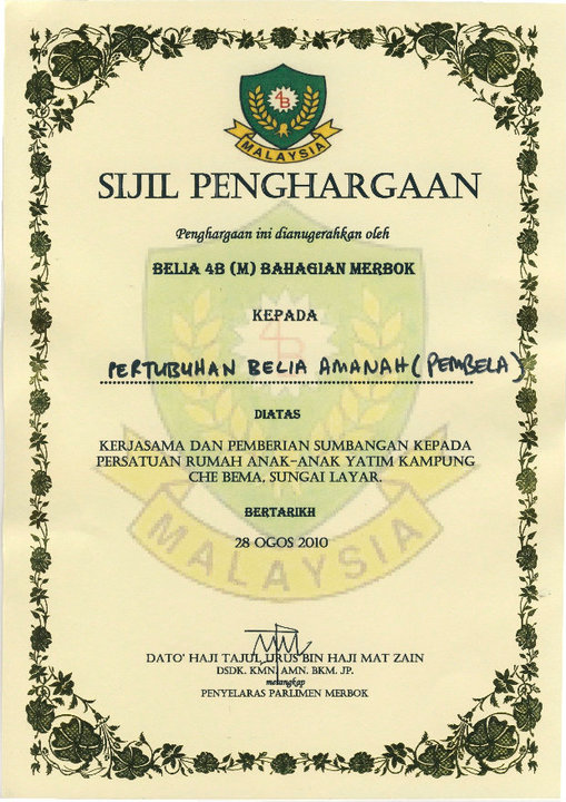 Sijil Penghargaan - Program 'Kami Prihatin'  PEMBELA