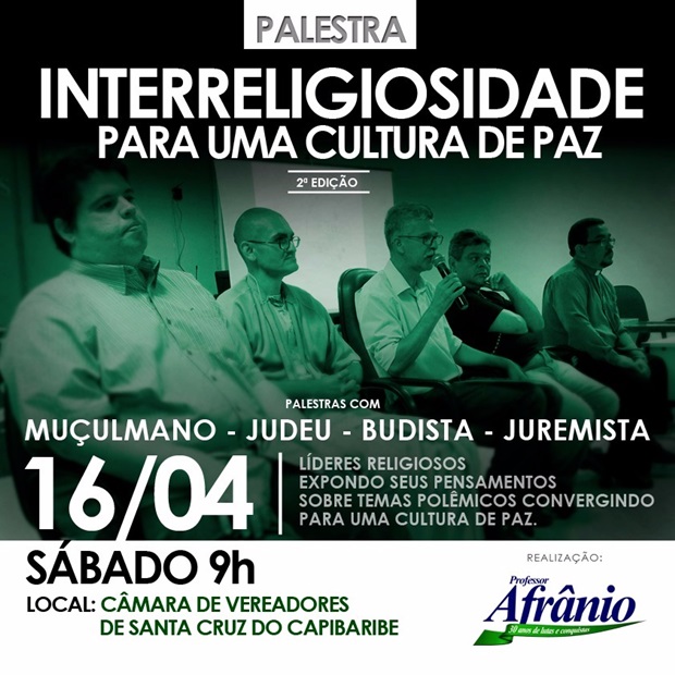 "Interreligiosidade para uma cultura de paz": palestra acontecerá neste sábado (16) na Câmara de vereadores