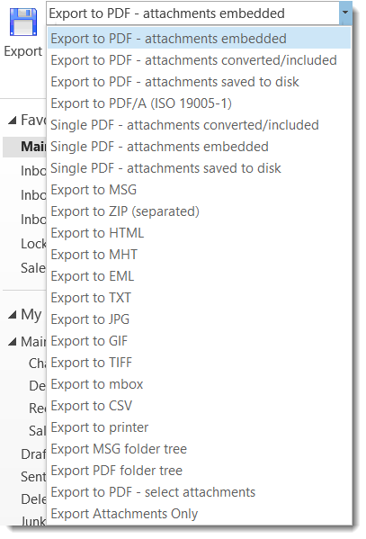 Screen image of the MessageExport PDF export settings in Outlook.