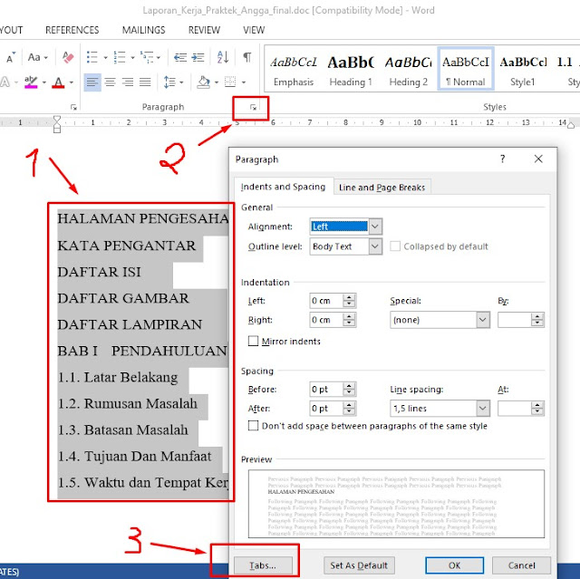 contoh praktek membuat daftar isi manual ms word 2010