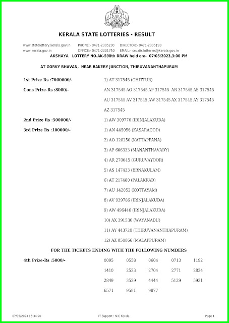 Off. Kerala lottery result; 07.05.23 AKSHAYA Lottery Results Today "AK 598"