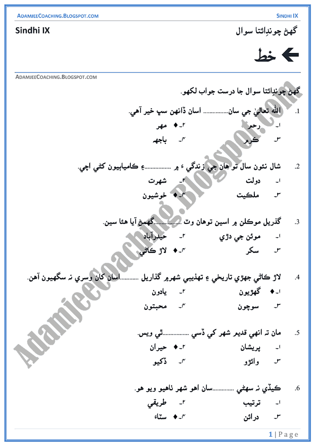 khat-multiple-choice-questions-sindhi-notes-for-class-9th