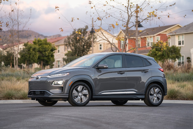 The 2019 Hyundai Kona Electric -  side view, in Galactic Grey or Sonic Silver Color.