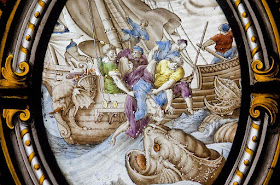 Marinheiros jogam o profeta Jonaás ao mar, igreja paroquial de Preston-on-Stour.