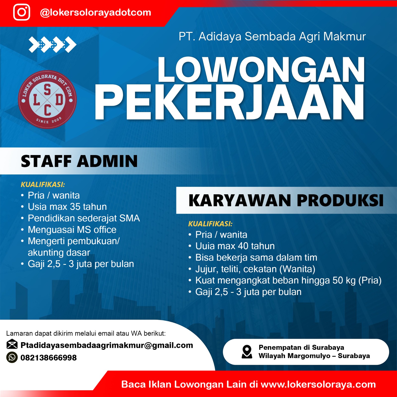 Loker Staff Admin, Karyawan Produksi Surabaya di PT Adidaya Sembada Agri Makmur