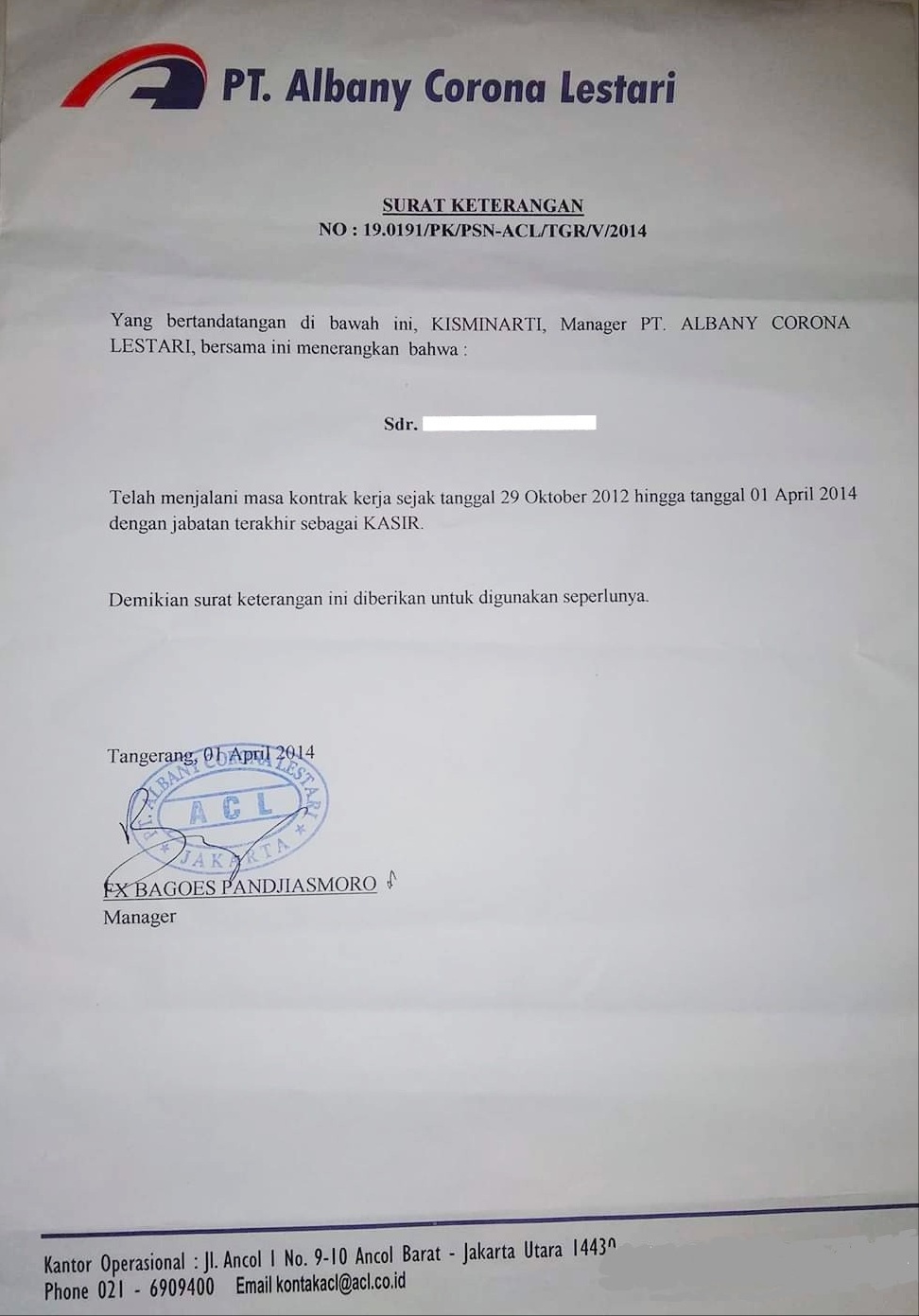 Contoh Surat Paklaring Indomaret Dari Pt Albany Corona Lestari 2021