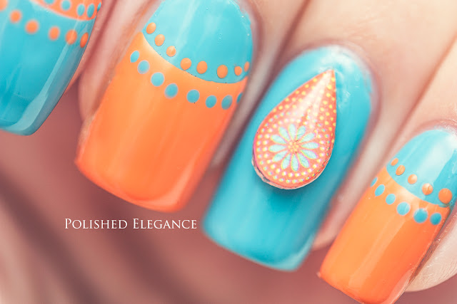 Blue orange 3D nail art dots manicure 