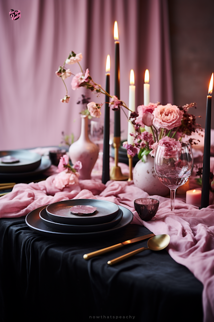 Lux Pastel Goth Pink & Black Dinner Party Tablescape for Alternative Weddings or Glamourous Bridal Showers, Fancy Cool Bachelorette Dinner Parties or Beautiful Birthday Celebrations for Adults. diy, shop and buy Black plates, pink glassware, black candles tablecloth and contrasting pink highlights