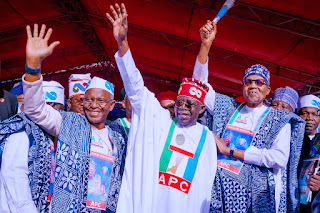 The ruling party All Progressives Congress (APC) presidential candidate Asiwaju Bola Ahmed Tinubu and President Muhammadu Buhari during the official flag off of the APC presidential campaign at the Rwang Pam Township Stadium in Jos, Plateau State