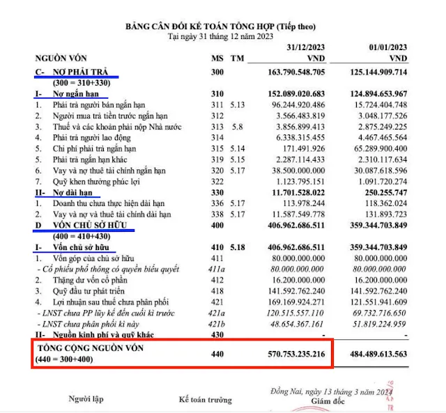nợ phải trả và vốn chủ sở hữu của công ty Udico năm 2023