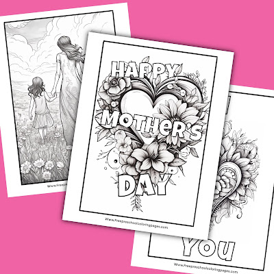 These pages typically feature heartwarming images of mothers and children engaging in activities such as hearts, flowers, and special messages such as "I Love You" or "Happy Mother's Day"