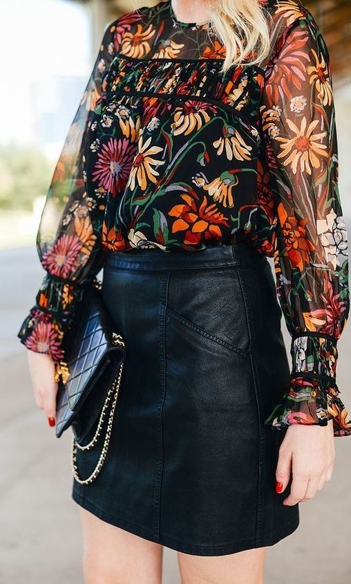 fashion trends | floral blouse + clutch + leather skirt