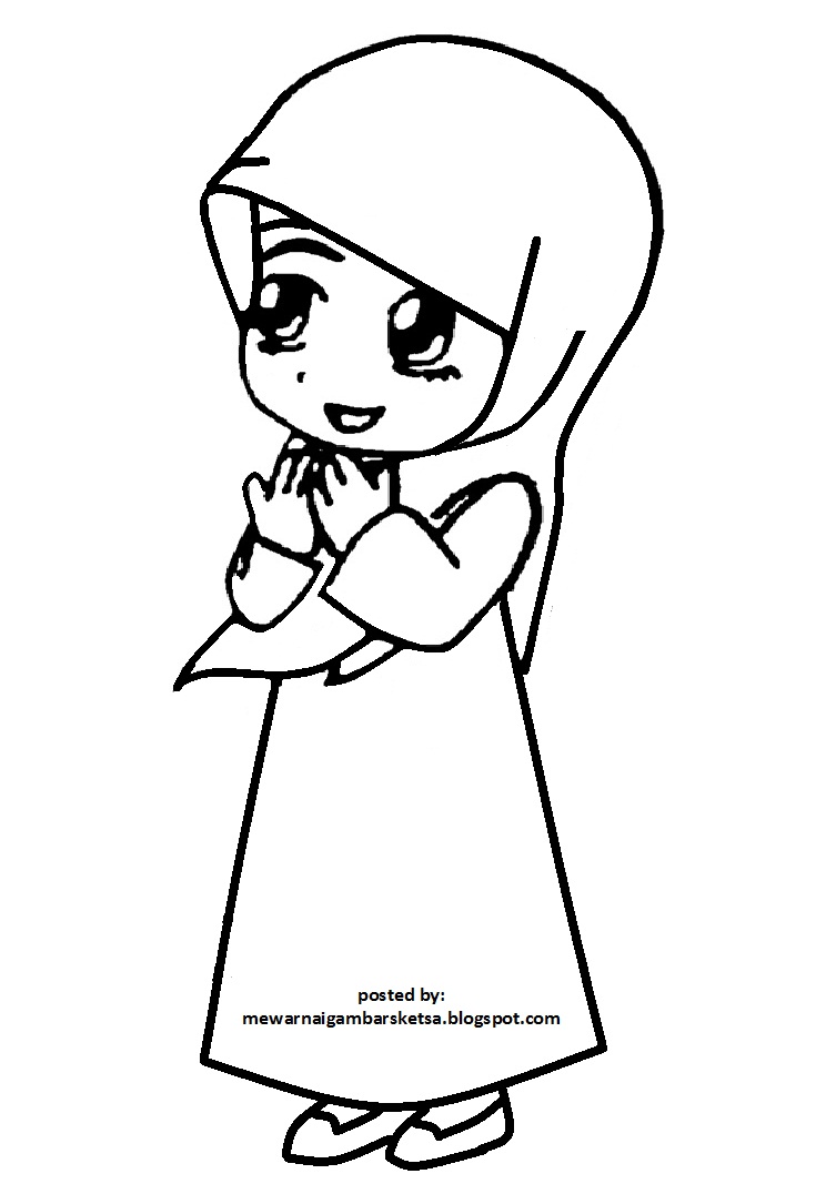 Gambar Mewarnai Gambar Sketsa Kartun  Anak Muslimah 100 