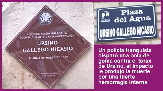 Parla, 1979. Durante una manifestación, un policía franquista asesinó a ursino gallego nicasio rompiéndole el pecho con una bola de goma. Tenía 14 años