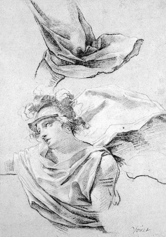 Sheet of Studies: Half-Figure Wearing a Helmet, Part of a Bent Leg in Draperies by Simon Vouet - Genre Drawings from Hermitage Museum