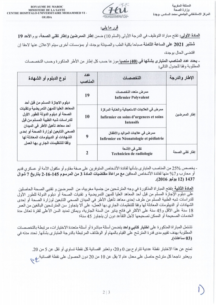 المركز الاستشفائي الجامعي محمد السادس بوجدة: مباريات توظيف ممرضين و تقني الصحة من الدرجة الاولى  اخر اجل هو 31 غشت 2021