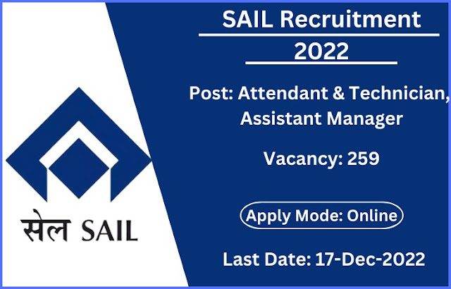 SAIL has Recruitment for 259 Attendant, Technician & Assistant Manager: Apply Online