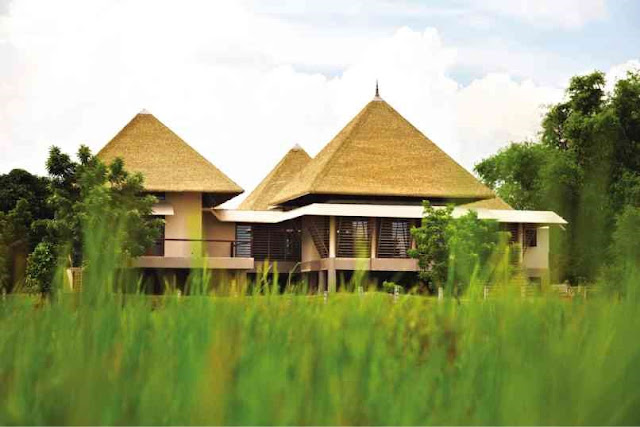 Cluster of bahay kubo-inspired summer residence featuring pyramid thatch roofs