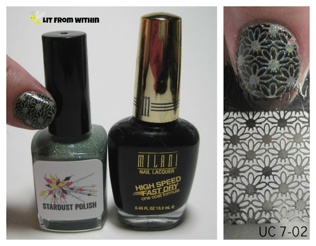 What I used:  Stardust Polish Suddenly Seymour, and Milani Black Swift with plate UC 7-02 for the stamp. 