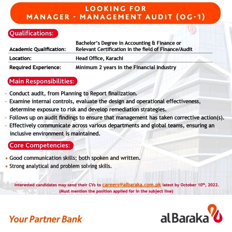 Al Baraka Bank (Pakistan) Limited has a new career opportunity for Manager - Management Audit 2022