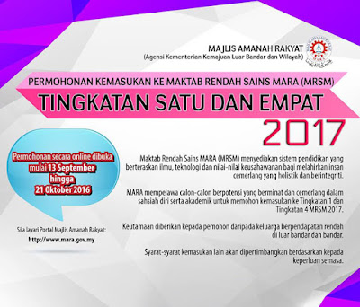 Permohonan Masuk Ke Tingkatan 1 dan Tingkatan 4 MRSM Bagi Tahu 2017