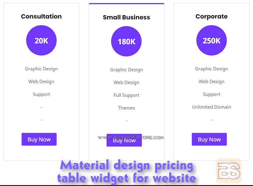 Material design pricing table widget for website